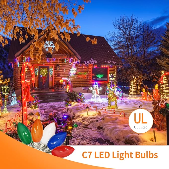C7 LED Replacement Bulbs, 25 Pack Multicolor Christmas Light Bulbs for Outdoor String Lights, Patio Xmas Tree Holiday Party Wedding Prom Decor, E12 Candelabra Base