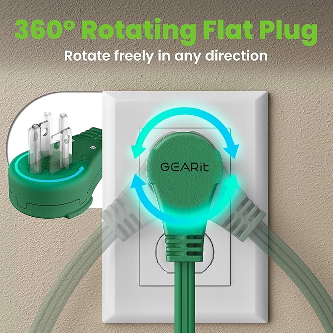 GEARit 360 Rotating Flat Plug Short Extension Cord with 3 Outlets (4ft, Green) 16AWG/13A 3 Prong Wire, Outlet Saver for Home Office Dorm Room Essentials, ETL Certified