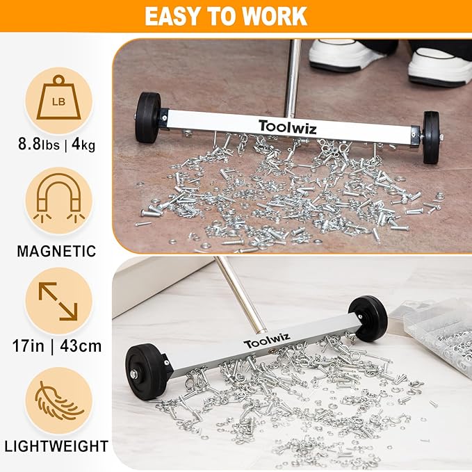 Toolwiz Magnetic Pick Up Sweeper 17-inch Heavy Duty Magnet Pickup Lawn Sweeper Roofing Tools, 8.8 Lbs Yard Magnet with Telescoping Holder and Wheels to Pick Up Nails Magnetic Sweeper for Construction