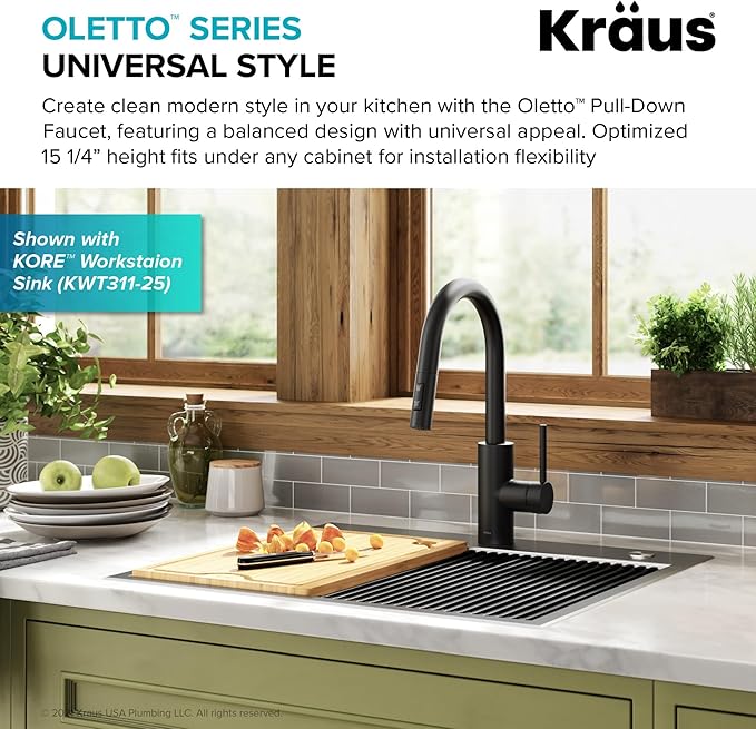 KRAUS Oletto Single Handle Pull Down Kitchen Faucet with QuickDock Top Mount Installation Assembly in Matte Black, KPF-2620MB