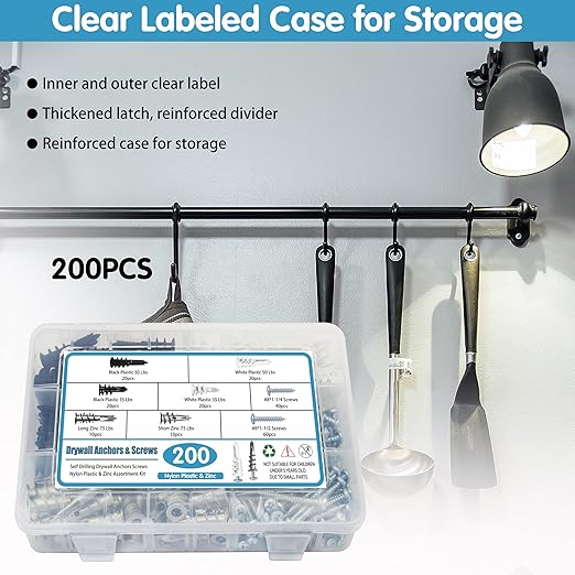 Dry Wall Anchors and Screws Kit, 200PCS Self Drilling Wall Anchors and Screws for Drywall,Sheetrock,Hollow Door,Plaster Wall - Zinc Metal & Nylon Plastic Assortment Drywall Anchors and Screws Kit