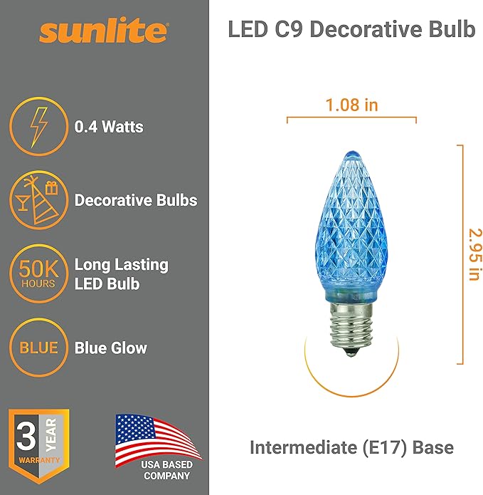 Sunlite 80705 LED C9, Holiday Decorative Light Bulb, 0.4 Watts, E17 Intermediate Base, Faceted Christmas-Lights; Nightlight, Blue
