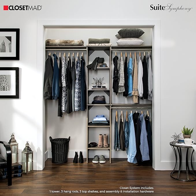 ClosetMaid SuiteSymphony Wood Closet Organizer Kit with Tower 3 Hang Rods, Top Shelves, Adjustable, Fits Spaces 5-9 ft. Wide, Graphite Grey
