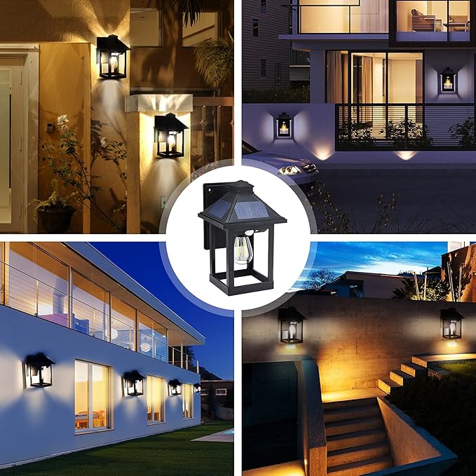 Solar Wall Light Outdoor with 3 Lighting Modes, Dusk to Dawn Led Wall Mount Sconce Exterior Motion Sensor Security Porch Lantern Light Fixture Waterproof for Patio Fence Outside Decorative