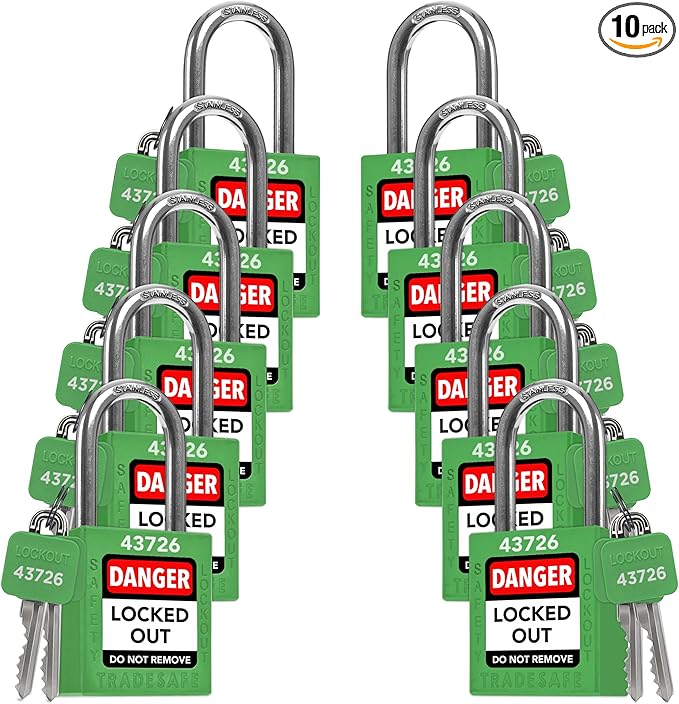 TRADESAFE Lockout Tagout Locks Set - 10 Green Keyed Alike Padlocks, 2 Keys Per Lock, OSHA Compliant Loto Locks for Lock Out Tag Out Stations, Premium Grade