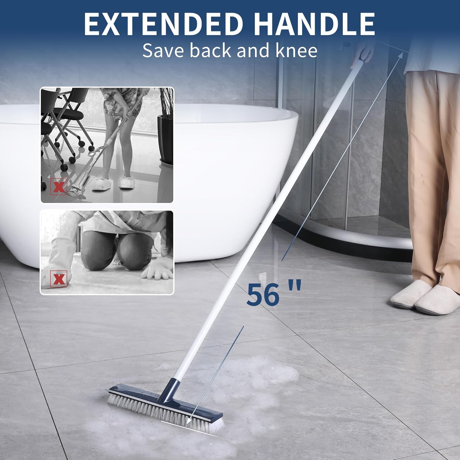 BOOMJOY Floor Scrub Brush with 57" Long Handle, 12" Wide Head, 2 in 1 Scrape and Brush, Stiff Bristle for Cleaning Bathroom, Patio, Kitchen, Tile, Wall and Deck