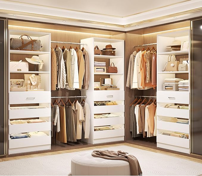 Aheaplus Closet System with 12 Drawers, 8.5-11.5Ft Wood Closet Organizer System with 4 Hanging Rods & 3 Towers, 4Ft & 6Ft L-Shaped Walk-in Closets Wardrobe Organizer Clothes Rack, Set of 3, White1