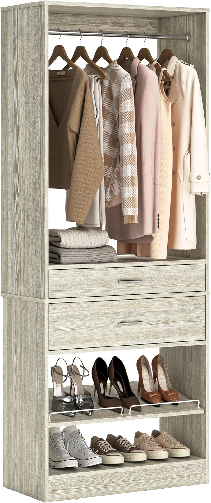 Unikito 25” W x 80'' H Closet System Organizer with Hanging Rod and 2 Wooden Drawers, Adjustable Shoes Rack, Sturdy Garment Racks, Walk-in Closet Tower for Bedroom, Mudroom, and Entryway, White Oak