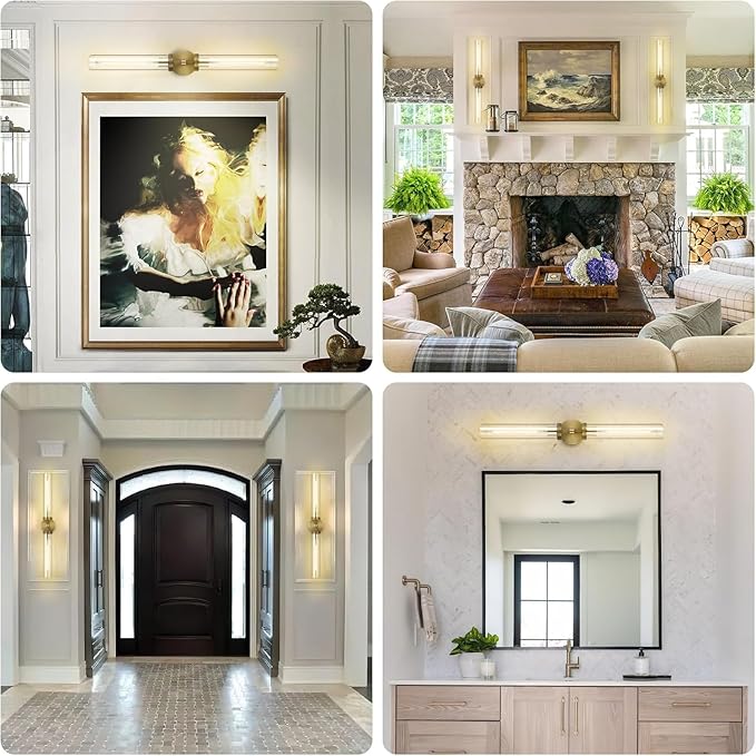 Brass Hardwired Wall Sconces, 30" Bathroom Wall Sconce, Gold Wall Sconce Double Lights , 30" Knurled Linear Wall Light, Sconces Wall Lighting Glass, Vanity Light for Bathroom, Living Room, Bedroom