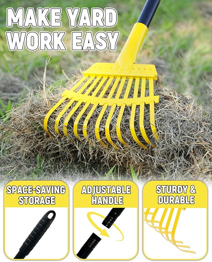 Garden Leaf Rake, 8.7” Wide Metal Rake with 11 Teeth, 59" Adjustable Long Handle, Heavy Duty Lightweight Leaf Rakes for Small Lawn Yard Shrub,Tight Spot Garden Bed Leaf Debris Picking Cleaning