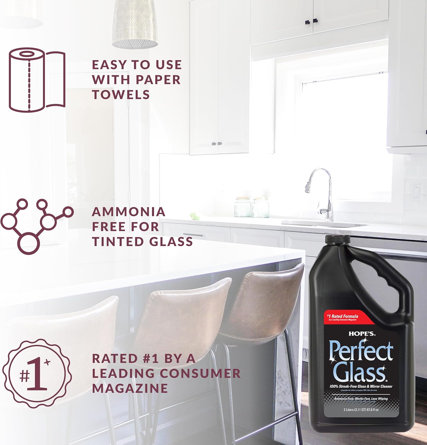 HOPE'S Perfect Glass Cleaner Spray Refill, Streak-Free, Ammonia-Free Window, Mirror, Screen, Tinted Glass, and Shower Door Cleaner, Indoor and Outdoor Glass Surfaces, 67.6 Ounce, Pack of 1