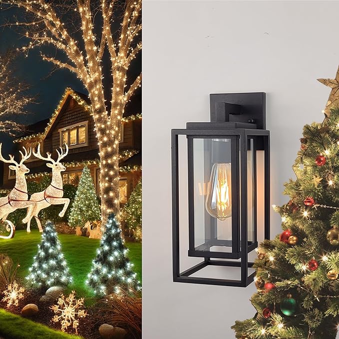 14" Outdoor Wall Light Fixtures Waterproofed Exterior Lantern W/Sturdy Rectangular Double Cage In Satin Black&Clear Tempered Glass,Sconce Mounted For House Patio,Front door,Porch,Garage Lighting 2Pack