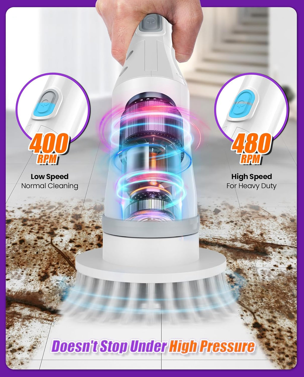 NBONEBS Electric Spin Scrubber, Cordless Shower Scrubber Rotary Floor Brushes & Pad Drivers with 6 Brush Heads - 2H Dual Speed, IPX7 Waterproof Extension Handle for Bathroom Tile Car Cleaning (White)