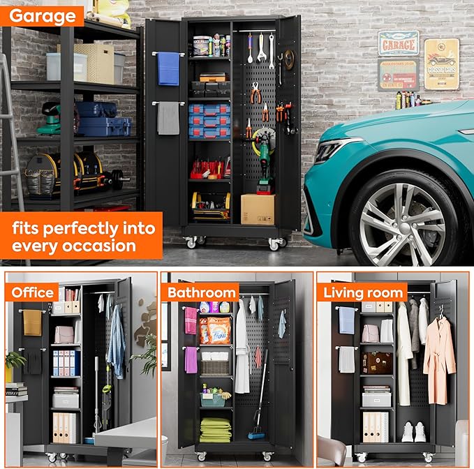 Garage Storage Cabinet with Wheels and 5 Pegboard, Metal Storage Cabinets with 2 Doors and 4 Shelves, Broom Closet Storage Cabinet with Hanging Rod and 13 Hooks, 70.87" Hx33.5 Wx17.7 D, Black