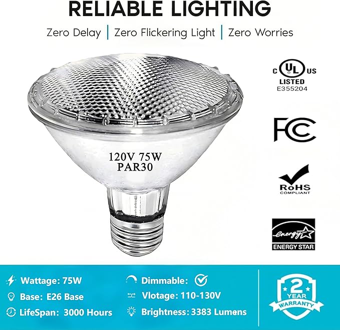 PAR30 Short Neck Halogen Flood Light Bulbs, 120V 75W PAR30 Light Bulb, Dimmable, High Output, E26 Medium Base, 2700K Warm Lighting, 3000 Hours for Recessed Light Bulb(6 Pack)