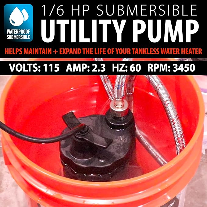 DrainX Tankless Water Heater Flushing Kit with Eco-safe Liquid Descaler Solution, Steel Hoses, 1/6HP Extra Strength Pump