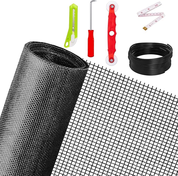 Ouskr Replacement Window Screens Kit, 48X118 Inch Durable Window Screen Mesh for Patio Porch Door Windows, DIY Adjustable Fiberglass Screen Repair Kit with Rolling Tool Hook Ruler Cutter Spline