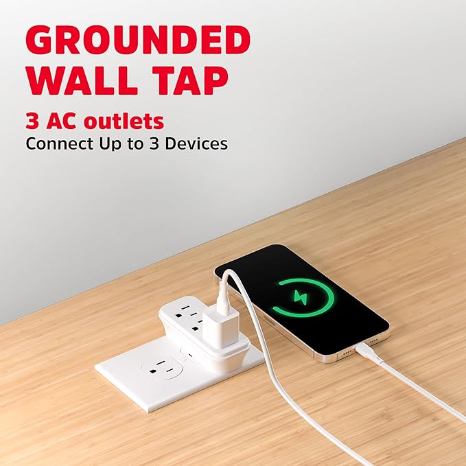 Energizer 2 Packs of 3 Device Multi Plug Wall Outlet Extender (3) AC Power Outlets Grounded Power Strip Expander Splitter Plug in Adapter