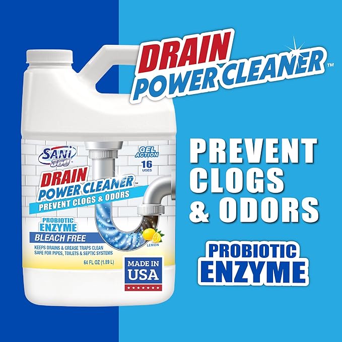 SANI 360° Drain Power Cleaner, Probiotic Enzyme Gel Formula, Odor eliminator, prevents clogs, Grease, Soap Scum, Save Money on Plumbing, Pipes and Septic safe, Made in the USA, 16 Uses, Lemon Scent