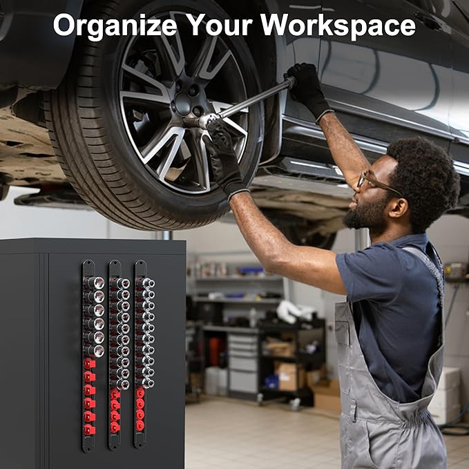 FivePears 3PCS 360° Socket Organizer Twist Lock,3/8 1/4 1/2 Socket Storage Rails, Premium Quality Socket Holders for Tool Box ，Tool Carts，Contains up to 40 Clips (Blue, Red and Black)