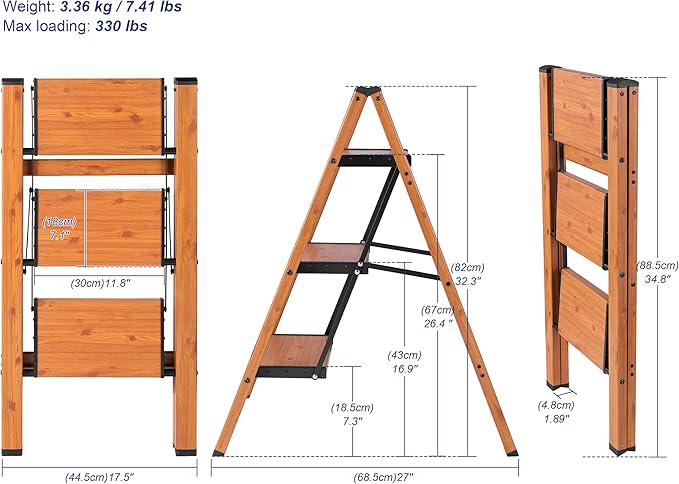 Step Ladders Folding 3 Step Stool Woodgrain Finish Aluminum,Tripod Anti-Slip Portable Sturdy for Home & Kitchen Office 330 lbs