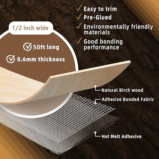 GSCIT Club Birch Edge Banding, 1/2 inch x 50ft roll of Veneer Edge Banding Preglued Flexible, Real Wood Tape Banding