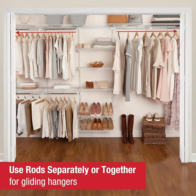 Rubbermaid Configurations Custom Closet Kit 6-10 Ft. Adjustable Metal Wire Shelving White Finish Expandable Organization System Hardware Included for Home Closet/Pantry/Laundry/Mudroom