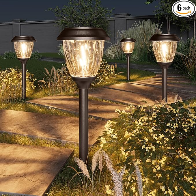XMCOSY+ Solar Lights Pathway Outdoor - 2 LED Modes 10/25 LM Solar Powered Yard Garden Lighting, Waterproof IP65 Glass Stainless Steel Landscape Lights for Driveway Walkway Sidewalk Decor (Warm White)