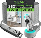 GEARit 360 Rotating Flat Plug Extension Cord with 3 Outlets (20ft, Gray) 16AWG/13A 3 Prong Wire, Outlet Saver for Home Office Dorm Room Essentials, ETL Certified