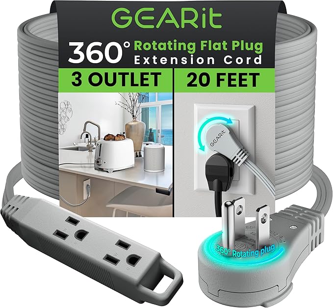GEARit 360 Rotating Flat Plug Extension Cord with 3 Outlets (20ft, Gray) 16AWG/13A 3 Prong Wire, Outlet Saver for Home Office Dorm Room Essentials, ETL Certified