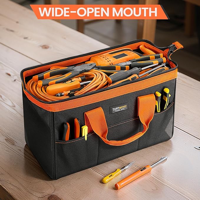 Wide Mouth Tool Bag, Heavy Duty Tool Bags for Men, 12-Pocket Portable Empty Tool Box Organizer Storage for Mechanic, Electrician, 17.3 inch, 600D Oxford, Orange
