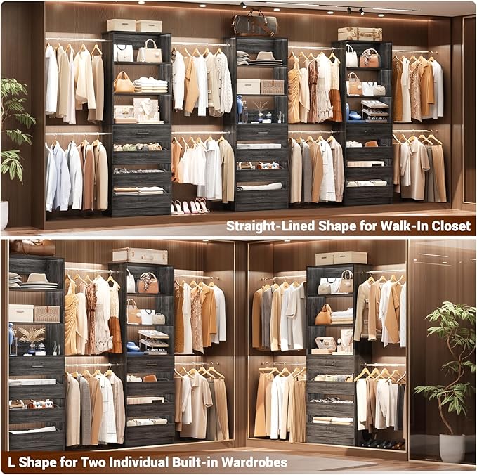 Aheaplus Closet System Set of 2, 4-9Ft Wood Closet Organizer with 8 Drawers & Shelves, Closet Organizer System with 8 Hanging Rods, Walk-in Closets Organizer Wardrobe Closet Rack, Black Oak1