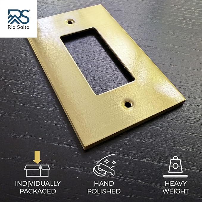 Rio Salto Modern Edge Metal BrassGold Wall Outlet Cover or Light Switch Cover Rocker Decora Switch Covers Decorator Plug Wall Plate Electric Outlet Covers Receptacle - Midsize 1 Gang 5-Pack