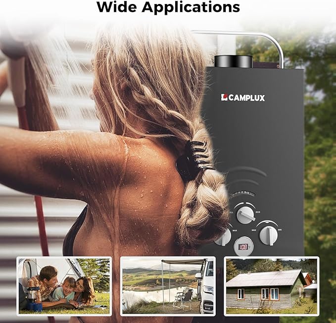 CAMPLUX Portable Tankless Water Heater 1.58 GPM, BW158B Outdoor Propane Water Heater Camping, 41,000 BTU, Black