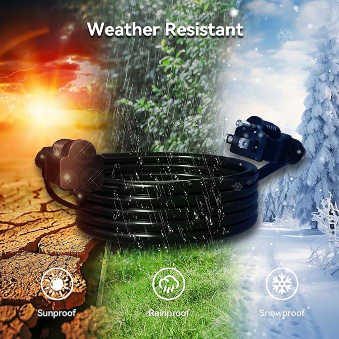 K KASONIC - 25 FT Halloween Lights Outdoor Extension Cord 1 to 3 Splitter, 3 Prong Outlets Plugs, 16AWG/3C SJTW Weatherproof Wire for Holiday Decoration Light, ETL Listed, Black