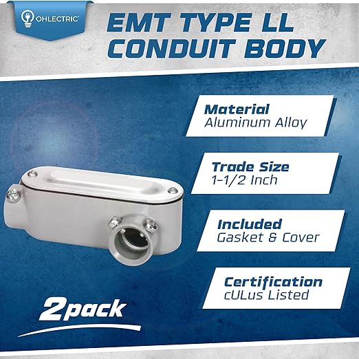 OHLECTRIC Heavy Duty Aluminum EMT Set Screw Conduit Body (LL-Type - 1½”) Service Entrance Elbow Conduit Bodies, Durable Conduit Fitting, Rustproof, Cover & Gasket Included Conduit Body Fitting (2-Pk)