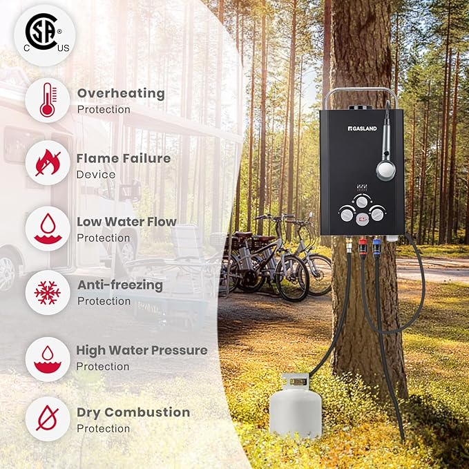 GASLAND BE158B 1.58GPM 6L Portable Hot Water Heater, Instant Propane Water Heater, Overheating Protection, Easy to Install, Use for RV Cabin Barn Camping Boat, Black