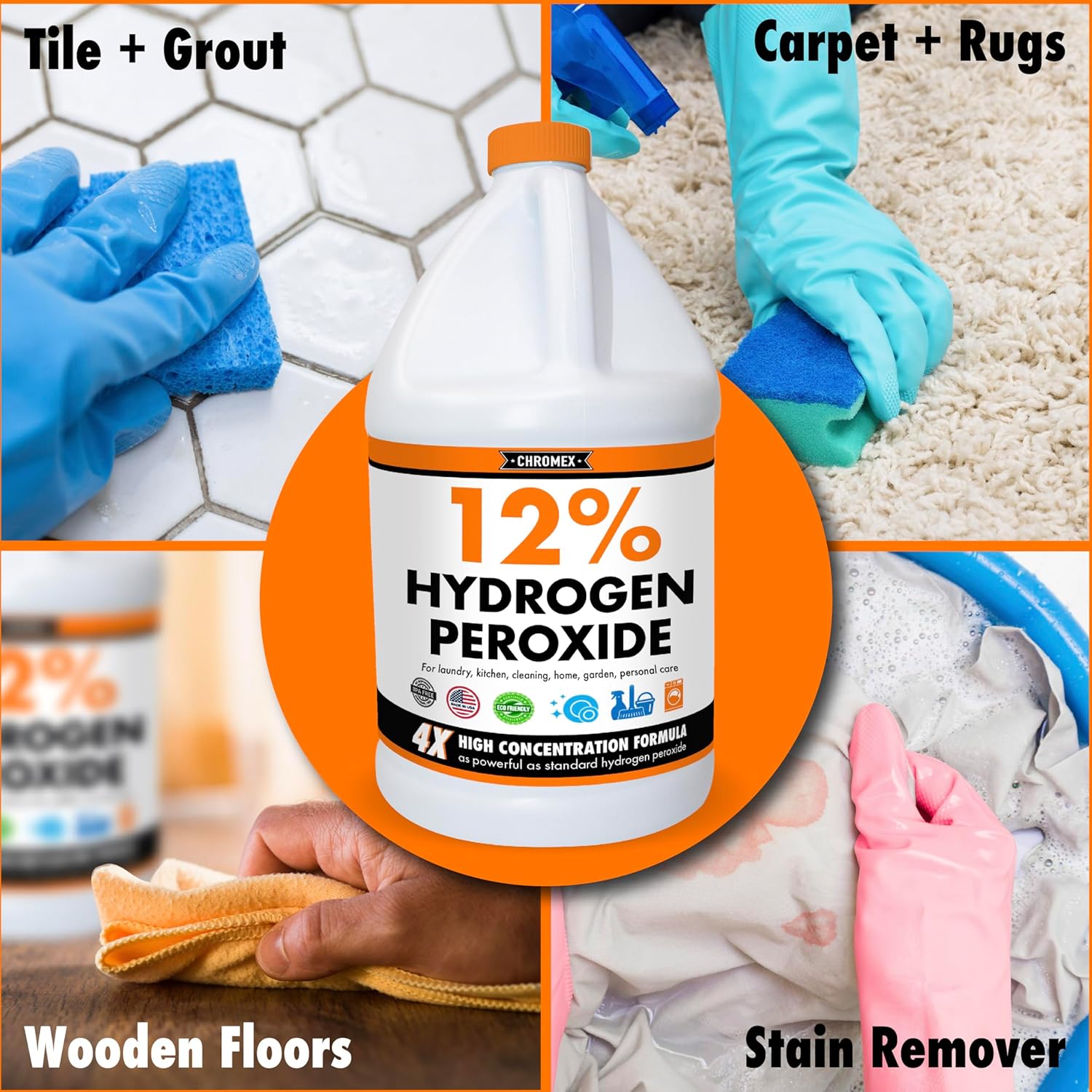 Chromex Hydrogen Peroxide 12 Percent Food Grade, 4x Power Concentrated Solution, 4 Gallons Dilute to 16 Gallons, Versatile Uses include Topical Care, Home, Kitchen, Bath Cleaner, Laundry, Whitening