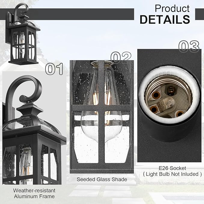 Darkaway Outdoor Wall Lights, Exterior Light Fixture with Seeded Glass, Aluminum Anti-Rust Exterior Lights Sconces Lighting for House Porch Yard Hallway Doorway Garage