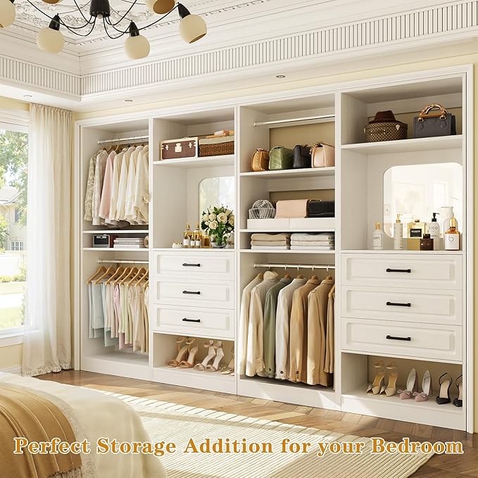 Unikito Closet System with Drawers, 100” Wood Closet Organizer with Hanging Rods and Mirror, Large Walk in Wardrobe Garment Rack with Adjustable Shelves, Sturdy Freestanding Closet Tower, White
