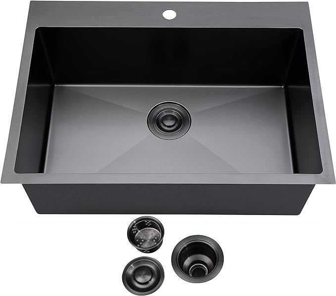 SHACO 33x22 Black Drop In Kitchen Sink, 33 Inch Large Top Mount Gunmetal Black Farmhouse Sink, Single Bowl Basin 16 Gauge SUS304 Stainless Steel Wet Bar Prep Sink