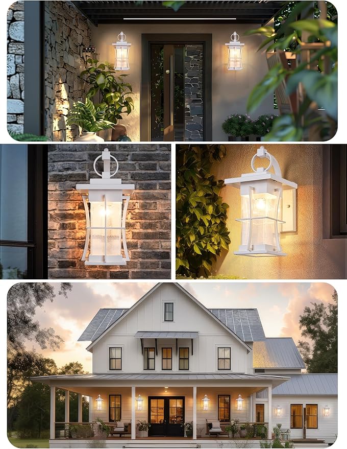 White Outdoor Wall Light Dusk to Dawn Lantern Exterior Fixtures Wall Mount Porch Sconce Light with Photocell Sensor Waterproof Modern Outside House Lighting for House, Patio, Garage, E26 Base