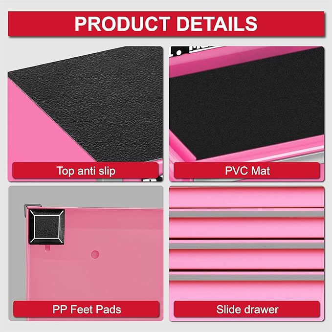 P.I.T. Mini Pink Tool Box, Portable 5-Drawer Micro Roll Cab Steel Tool Box with Liner, Pink Small Tool Case for Tools Storage, Home DIY