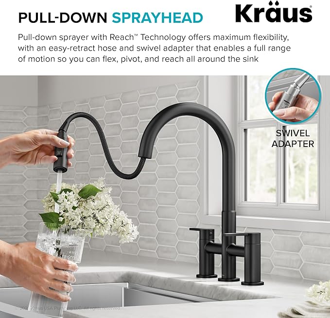 KRAUS Oletto Bridge Kitchen Faucet with Pull-Down Sprayhead in Matte Black, KPF-3122MB