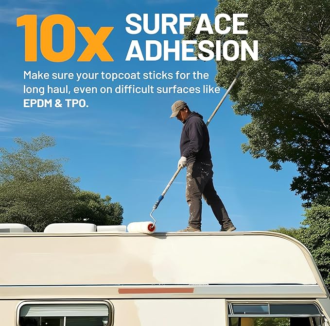 EPDM and TPO Primer White, Multi-Purpose RV Roof Primer, Use on Rubber, Wood, Fiberglass, Concrete, Metal, High-Performance Basecoat for RV, Camper and Trailer Roof Protection - 1 Gallon