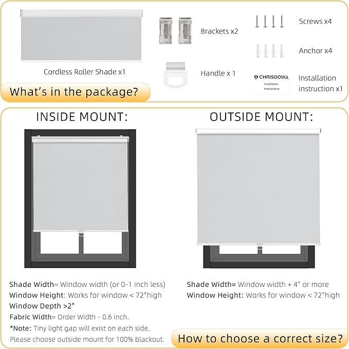 ChrisDowa Cordless Blackout Roller Shades for Windows, Thermal Insulated UV Protection Pull Down Shades, Total Blackout Window Blinds for Home, Office, Bedroom, Door (49" W x 72" H, Grey)