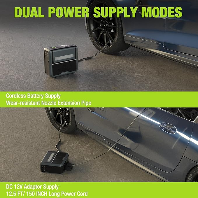 WORKPRO Portable Tire Inflator, 7.2V/12V Small/Mid/Large Air Compressor, Digital Display, Auto Shut-Off, 5 Modes, LED Light, High Airflow, for Car, Motorcycle, Bike, Balls