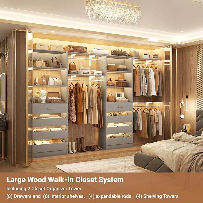 Aheaplus Closet System with 8 Wooden Drawers, Wood Closet Organizer System with Tower, Walk-in Closet Organizer Wardrobe Clothes Rack with 4 Hanging Rods, Garment Rack, Cut to Fit 7-12Ft, Grey