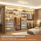 Aheaplus Closet System with 8 Wooden Drawers, Wood Closet Organizer System with Tower, Walk-in Closet Organizer Wardrobe Clothes Rack with 4 Hanging Rods, Garment Rack, Cut to Fit 7-12Ft, Grey