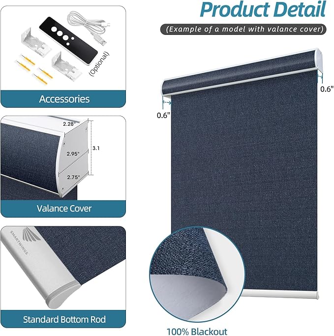 SmartWings Motorized Smart Blinds with Remote, Custom Automatic 100% Blackout Roller Shade Compatible with Alexa/Homekit/Google, Electric Smart Blinds for Indoor Windows, Eclipse Denim